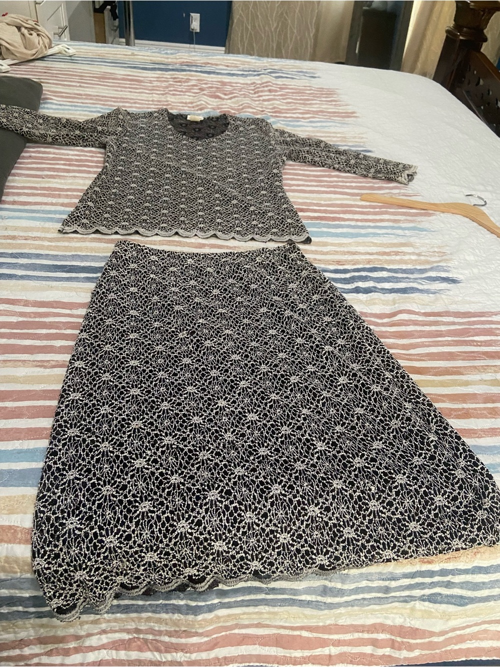 NICOLA Black and White Lace Knit Two-Piece Formal Set .